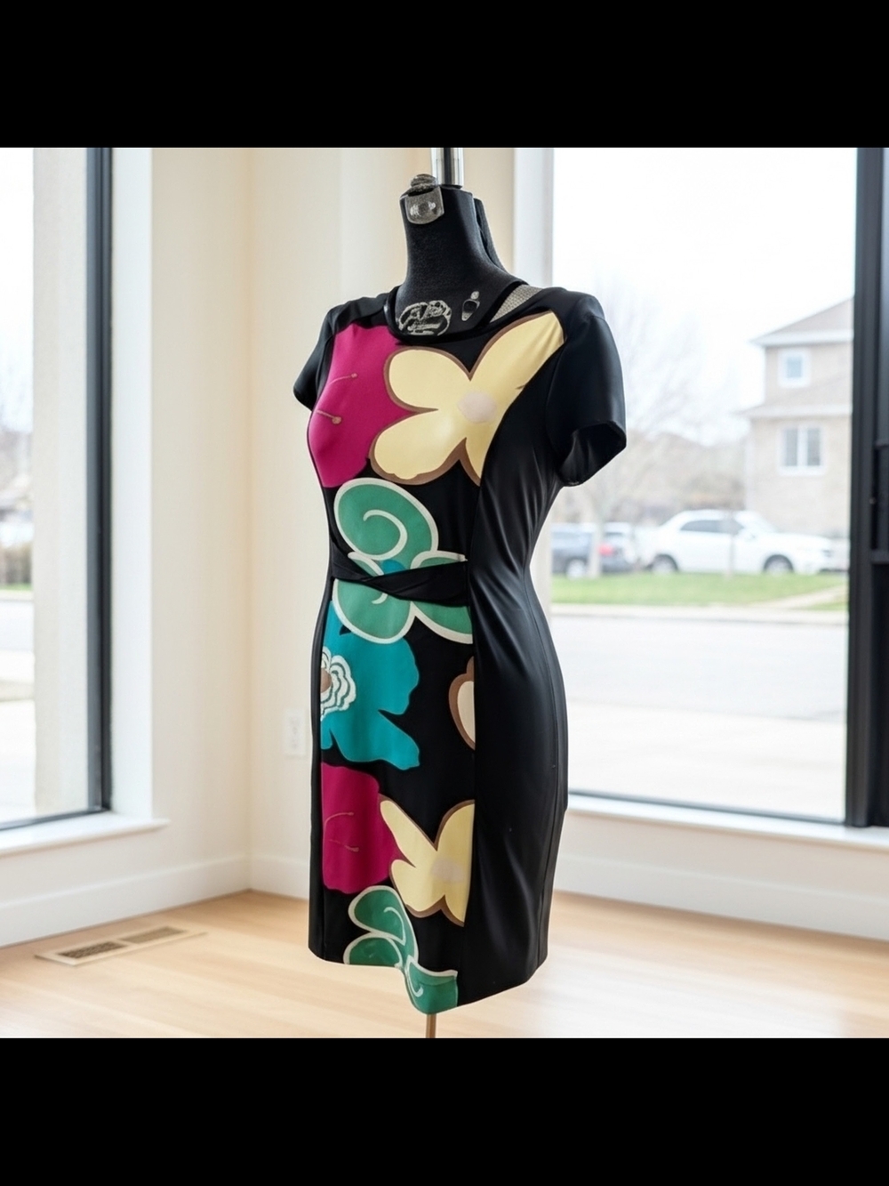 Karin Stevens Floral Panel Sheath Dress Size 12 Large Retro Pop Art Midi Black